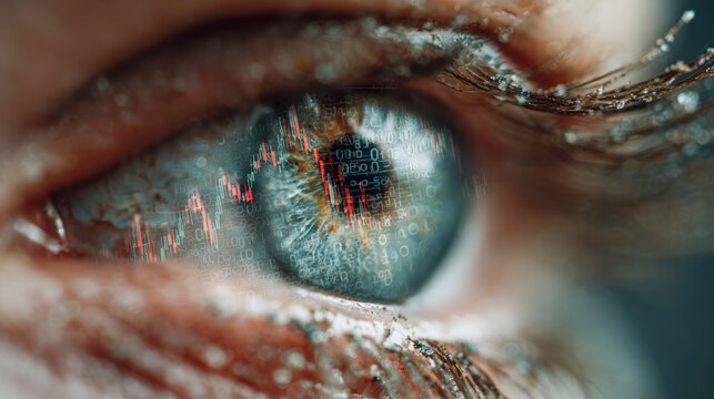 Close up of eye reflecting economic data, showcasing financial graphs and numbers, symbolizing analysis and insight into market trends