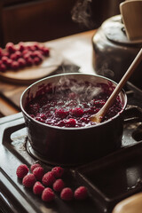 Homemade Raspberry Jam Cooking on Stove in Cozy Kitchen