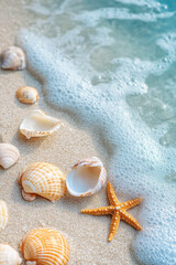 Beach summer panoramic background with seashells and starfish
