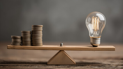 Light Bulb and Coin Stack on Scale Representing Idea Value and Financial Balance