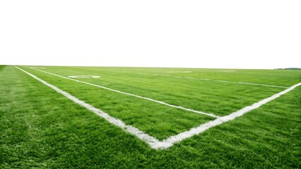 Grass football soccer field isolated on white background. Realistic green turf with white field markings. AI GENERATED.