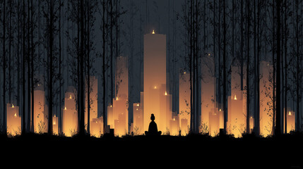 Silhouette of Meditating Person in Forest with Candle Lit Building Abstract