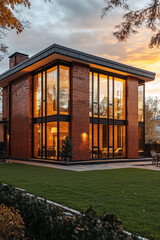 A beautiful modern brick house at sunset, golden hour, cozy lighting, warm tones, large windows reflecting the sun
