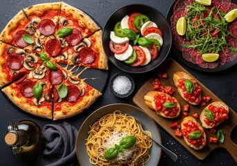 Pepperoni pizza caprese salad spaghetti carpaccio bruschetta and olive oil mushrooms basil