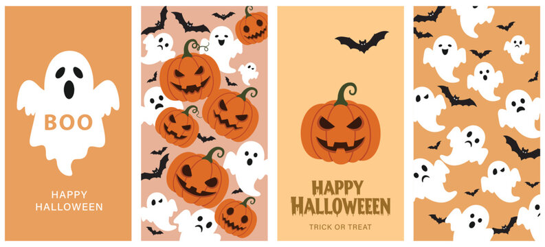 Happy Halloween Vector Vertical Banners Set with Cute Ghosts and Pumpkins