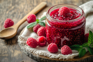 A jar of homemade raspberry jam with visible raspberry seeds