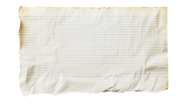A crumpled torn sheet of lined paper with rough edges isolated on a transparent background