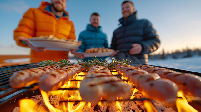 Friends grilling sausages over open fire in winter enjoying outdoor cooking