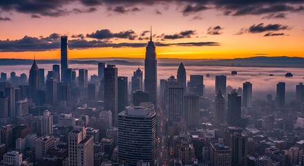 Obraz premium Breathtaking cityscape view of New York City skyline at sunrise with fog