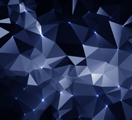 Dark Navy Blue Abstract Background with Irregular Overlapping Triangles and Glowing Blue-White Points of Light Creating a Modern, Complex, High-Tech, and Geometric Visual Pattern