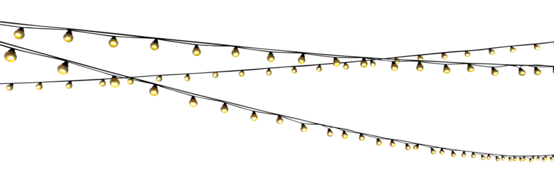 Christmas garland with yellow bulbs cut out on transparent background. Glowing holiday garland. Christmas decor. Street lighting