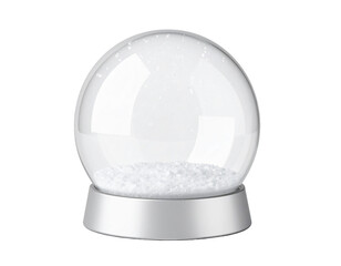 Clear glass globe with silver base and snow isolated on a transparent background