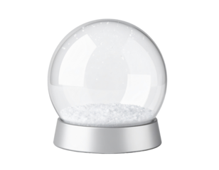Clear glass globe with silver base and snow isolated on a transparent background
