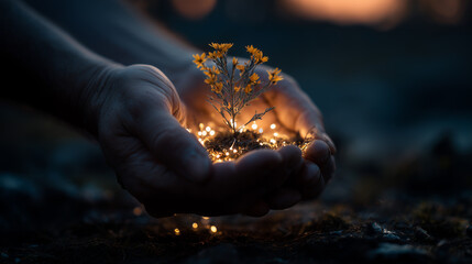 Hands Holding a Small Plant with Glowing Lights Symbolizing New Life and Hope
