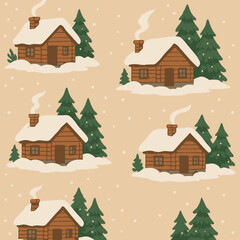 Naklejka premium Winter Cabin Pattern Seamless Cozy Snowy Holiday Background