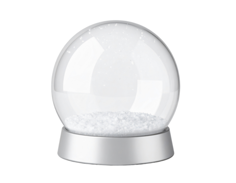 Clear glass globe with silver base and snow isolated on a transparent background