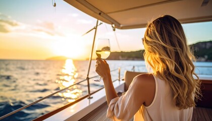 Woman on Yacht at Sunset Raising Wine Glass Celebrating Luxurious Vacation