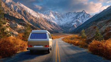 Minimalist white van travels down open road surrounded by majestic mountains and vibrant autumn foliage, evoking sense of adventure and freedom