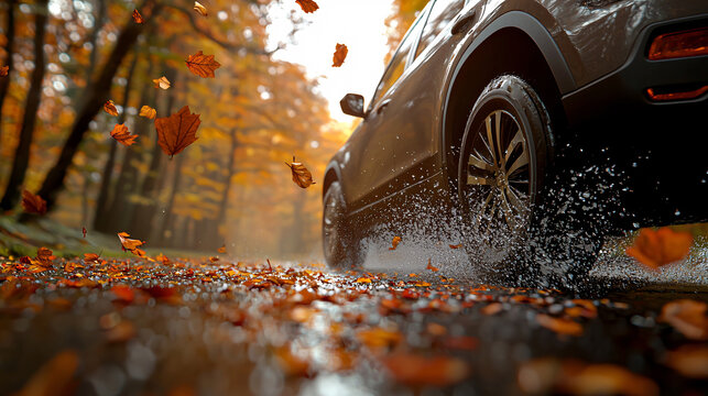 Autumn Car Drive Through Fall Foliage - Powered by Adobe