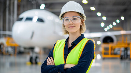 Confident Female Aircraft Mechanic in Hangar