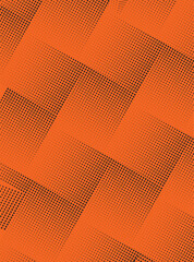 Vibrant Orange Background Featuring Dark Brownish-Black Halftone Dot Pattern Forming Diagonal Distorted Rectangular Shapes with Varied Density Creating Depth and Vintage Graphic Effect