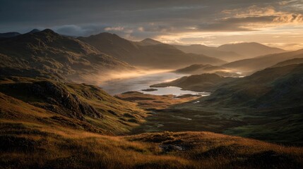 Mountainous landscape at golden sunset, valley with loch
