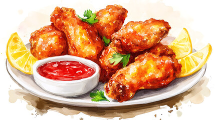Watercolor painting of chicken wings with lemon wedges and a bowl of red dipping sauce on a plate