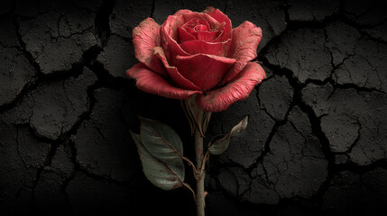 Single Red Rose on Cracked Earth Symbolizing Loss and Environmental Issues
