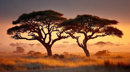 Fototapeta premium A pair of trees in a field during sunset with fog surrounding them