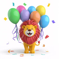 Cheerful Cartoon Lion Celebrating with Balloons and Confetti on White Background