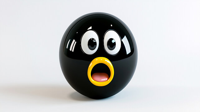 Surprised Black Glossy Emoji Sphere with Wide Eyes and Open Mouth
