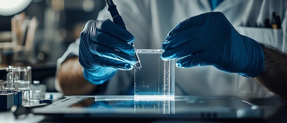 Gloved hands meticulously perform a scientific experiment with precision tools and glowing gel