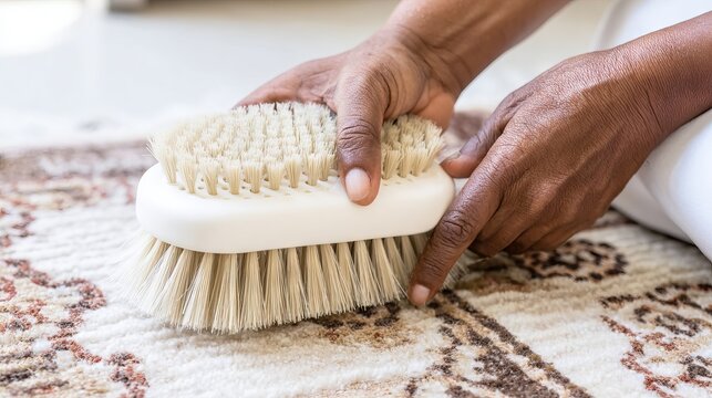 Close-up of a hand using a cleaning brush on a patterned rug, showcasing the cleaning process and attention to detail in maintaining home decor and cleanliness