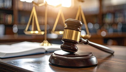 Wooden Mallet Above Open Legal Book With Balance Scale in Law Office