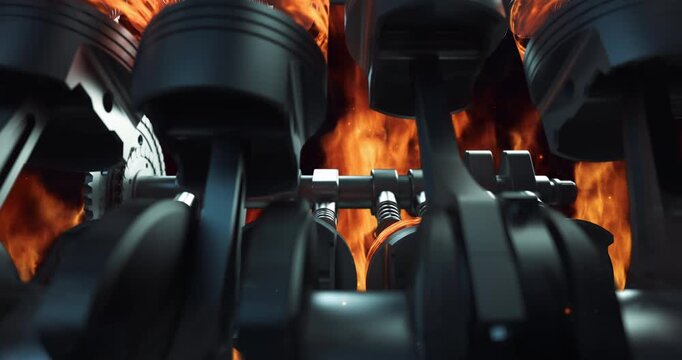 Combustion Engine Zoom Into Working V8 Pistons and Crankshaft. High Quality 3D Animation.