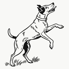 Draw a dog jumping, using only simple, bold black strokes