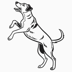 Draw a dog jumping, using only simple, bold black strokes
