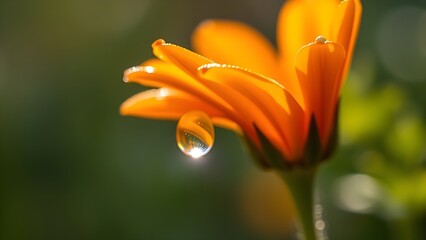 Macro Close-Up of Dewdrop on Orange Marigold Petal in Sunlight