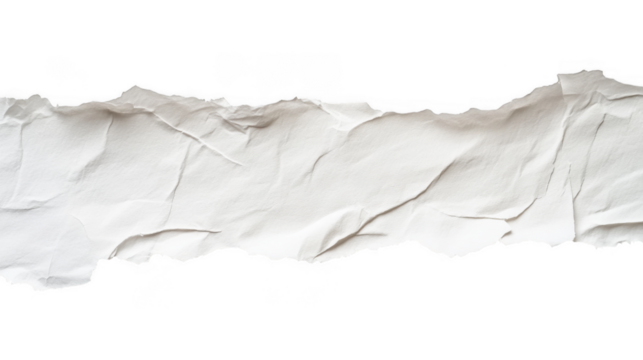 A torn and crumpled white paper edge with deep creases, isolated on a transparent background