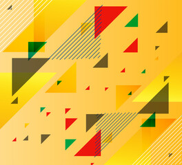 Abstract geometric design with layered triangles and squares in red, yellow, green, and brown over a beige background