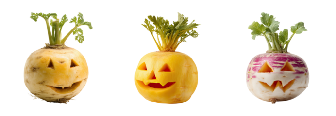 Halloween craft with carved turnip faces showing spooky expressions and green leaves on top for decoration