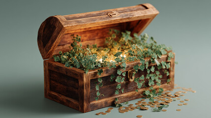 Open Treasure Chest with Gold Coin and Clover Plant for St Patrick Day Concept