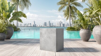 Fototapeta premium Concrete cube pedestal showcases product display among tropical plants near a turquoise swimming pool with city view