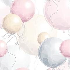Seamless pastel balloon pattern. Floating balloons with curly ribbons in soft colors. Watercolor illustrative technique. Ideal for kids products, baby room decor, wallpapers, and gift wrap