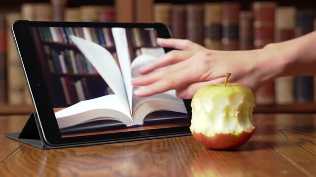 Conceptual image of a tablet and a bitten apple, with warm brown tones, representing modern e-learning and digital education