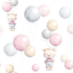 Teddy bear with balloons seamless pattern. Floating pastel balloons and a cute character in watercolor illustrative technique. Perfect for baby shower decor, kids fabric, wallpaper, gift wrapping