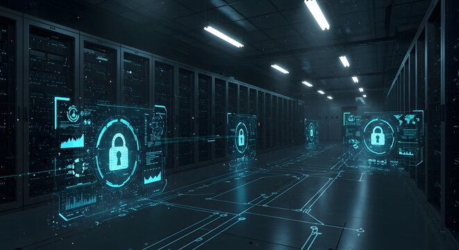 Advanced cybersecurity system with holographic interfaces and padlock icons protecting a network within a futuristic data center server room corridor.