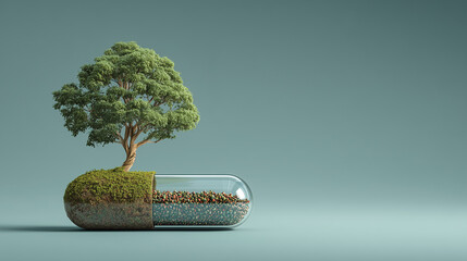 Tree Growing From Pill Capsule Concept for Sustainable Medicine and Environmental Health