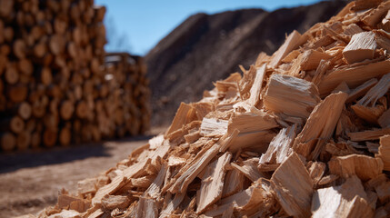 Detailed view of stacked biomass fuel wood chips, irregular shapes and rugged surfaces create tactile feel, soft natural light emphasizes sustainable resource