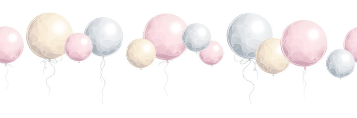 Seamless border with pastel helium balloons and curling ribbons. Hand-painted watercolor illustration. Decorative repeating edge for kids party design, gift wrap, baby-themed projects